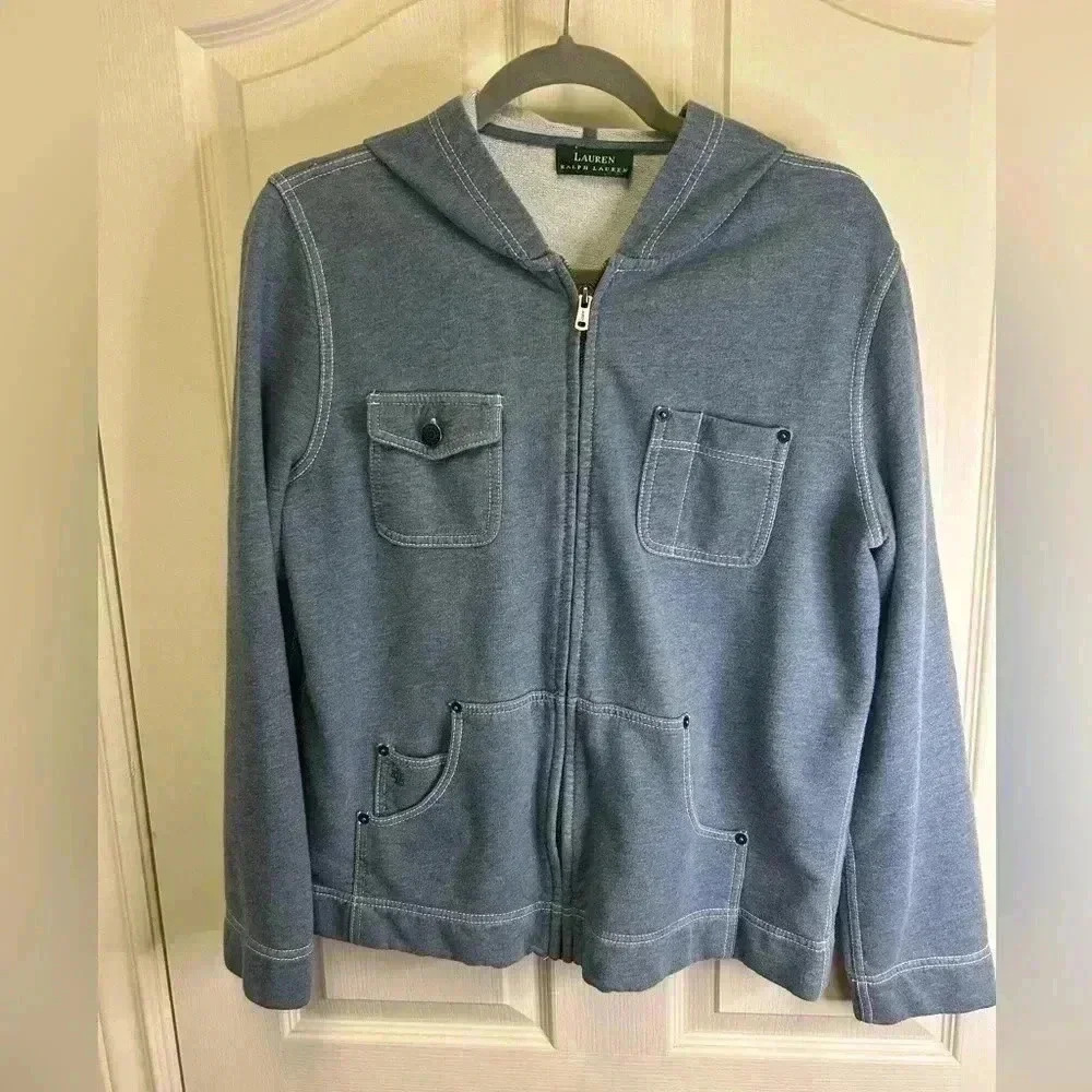 🩵Lauren Ralph Lauren Blue Hooded Sweatshirt w/Front Pockets & White Stitching🩵